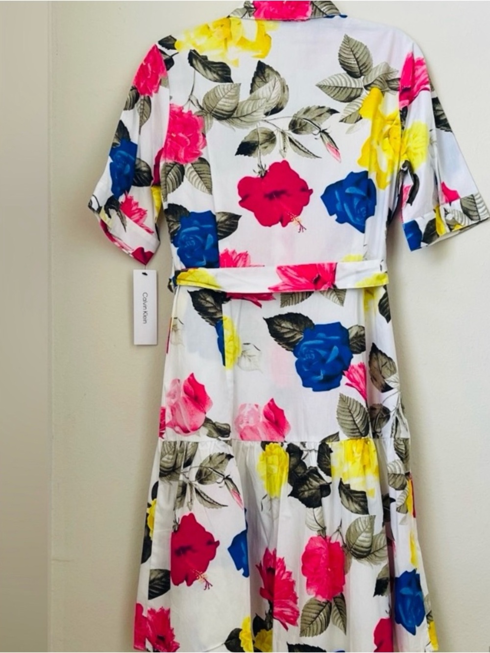 Calvin Klein White Floral Midi Dress with Pink, Blue & Yellow Blooms